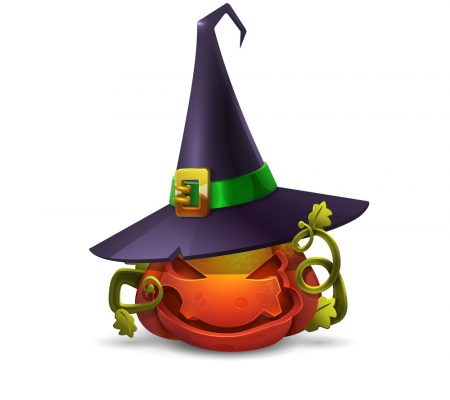 Halloween pumpkin with cartoon hat isolated on white background. Vector illustration.