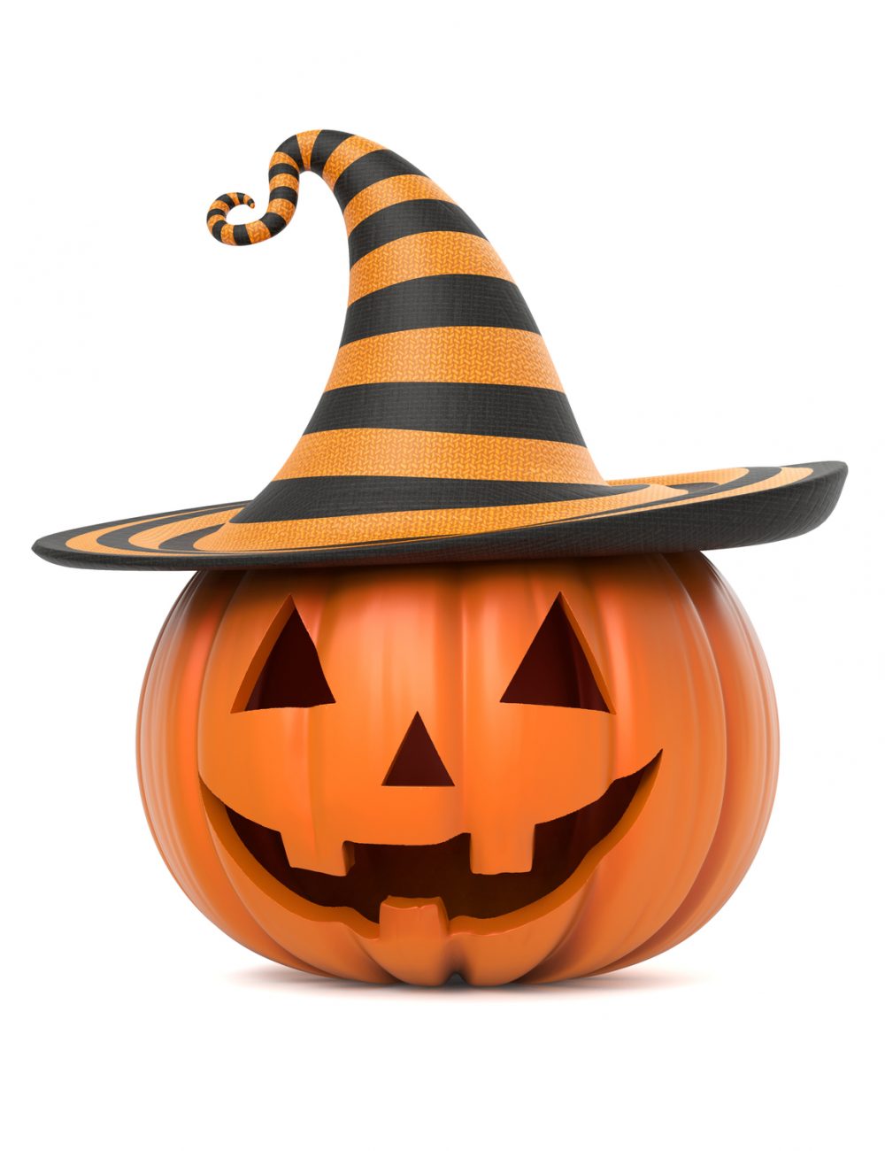 Funny Halloween pumpkin with hat on white background